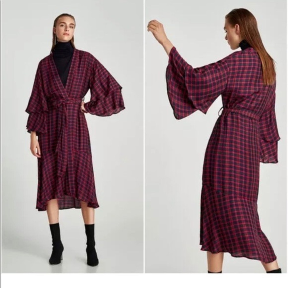 NWOT ZARA CHECKED LONG KIMONO WITH RUFFLES SLEEVES BLOGGERS FAV XS/S NO BELT
